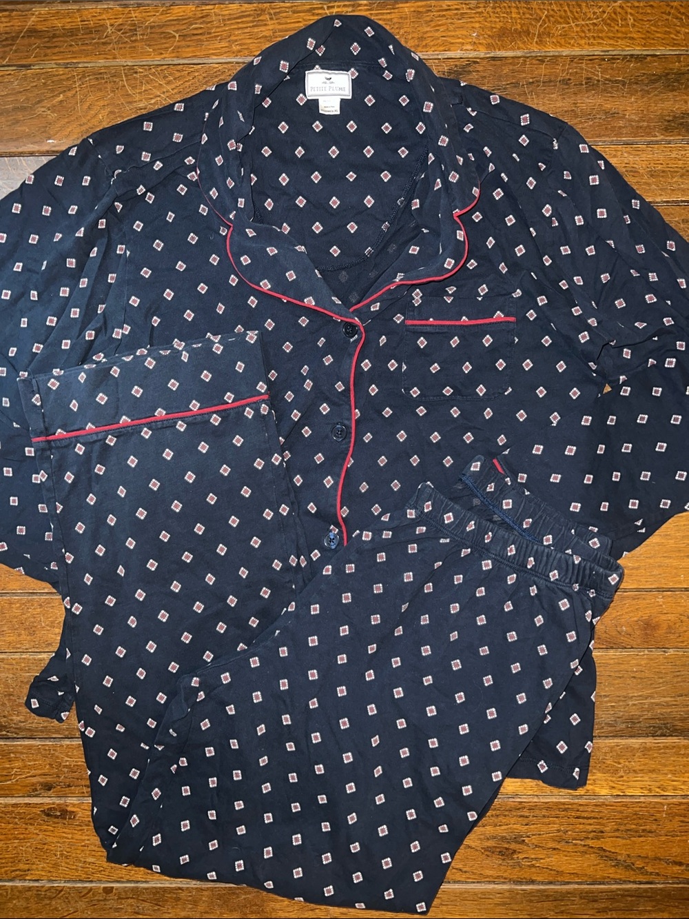 Petite Plume Navy and Maroon Print Pima Cotton Pajama Set Size XL EUC